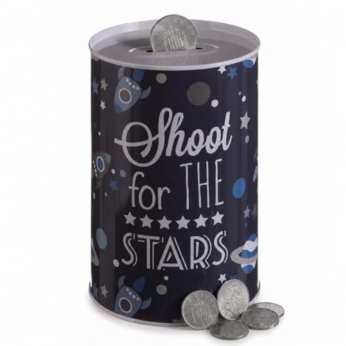 Premier Housewares Modern Design Large Money Tin | Sturdy Metal Money Saving Box | Rocket-Themed Tin For Notes | Astro Design Metal Coin Tin | Cylindrical Money Safe For Kids
