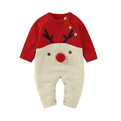 FREEHM Nouveau-né Bébé Garçon Fille Vêtements Noël Barboteuse Body Unisexe Bébé Pull De Noël Barboteuse Tricoté Renne Jumpsuit Tenues Pyjama Cartoon Gigoteuse Naissance,Rouge,100 Cover
