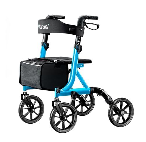 FARANI Déambulateur tout-terrain Farani pour personnes âgées : grandes roues de 25,4 cm, taille compacte, légère, pliable, avec siège, cadre triangulaire renforcé et porte-gobelet, capacité de poids