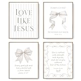 LARTSFRO Coquette Beige Bow Jesus Wall Art Decor Posters, Beige Bow Christian Room Bedroom Bathroom Wall Art Decor Aesthetic for Teen Girls Gifts, Inspirational Bible Verses Bow Wall Decor, 10x8 Inch Set of 4 Bow Pictures (UNFRAMED)