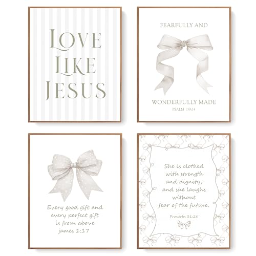 LARTSFRO Coquette Beige Bow Jesus Wall Art Decor Posters, Beige Bow Christian Room Bedroom Bathroom Wall Art Decor Aesthetic for Teen Girls Gifts, Inspirational Bible Verses Bow Wall Decor, 10x8 Inch Set of 4 Bow Pictures (UNFRAMED)