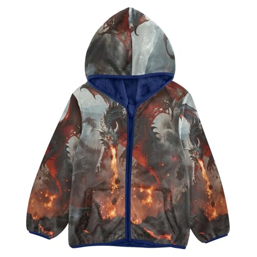 Fiery Dragon over Volcanic Landscape Artwork Toddler Fleece Jacket Girl Boys Hooded Fleece Jacket