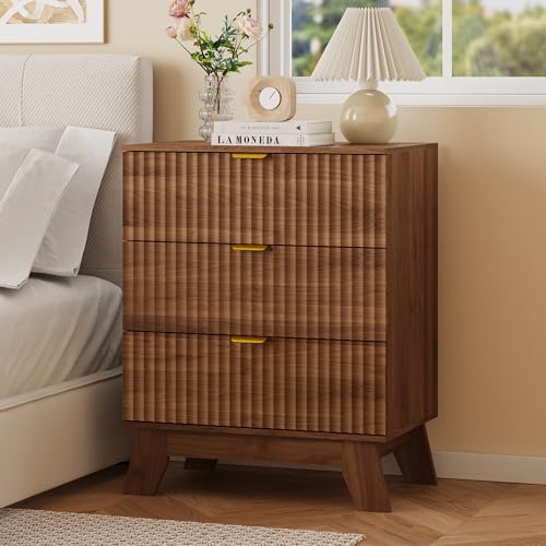 Image of Fluted Nightstand with 3 Large Drawers, Wooden Side End Table with Elevated Legs for Easy Cleaning, Sturdy Modern Beside Table for Small Space, Bedroom, Walnut, 24 inch L