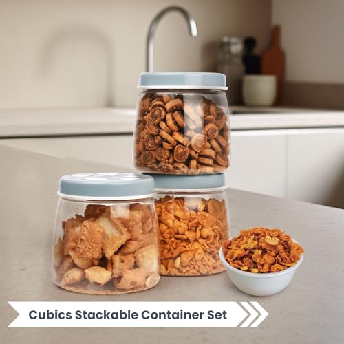 Image of FLAIR Cubics Airtight Food Storage Containers Set of 3 (1000ml each) with Spoon - Blue, BPA-Free, PET Plastic Jars, Space-Saving for Pantry, Snacks