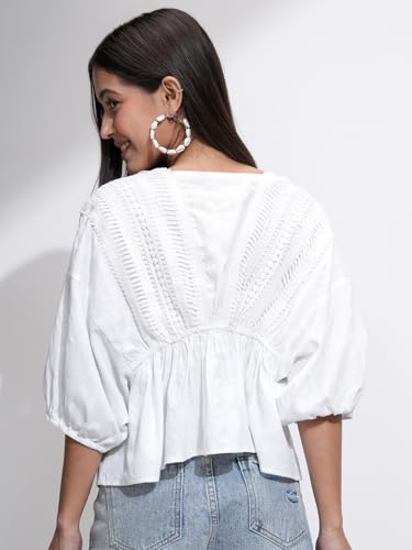Image of Tokyo Talkies Women's Three-Quarter Sleeves V-Neck Self Design Tops|Stylish | Casual Wear