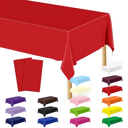 Image of QZYL 2 Pack Picnic Table Cover, 108 x 54 Inches Red Plastic Table Cloths, Red Disposable Tablecloth Rectangle Tablecover, Waterproof Decorations Party Supplies for Wedding Anniversary Home