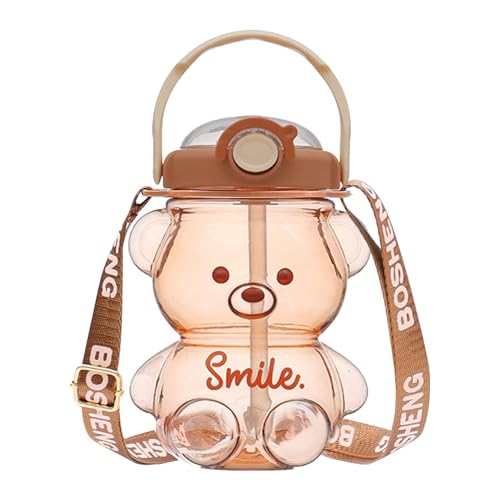 Whyzsjnclg Botella de agua de oso, botella de agua de Kawaii con paja y correa, 1l lindas botellas de agua de osos portátil