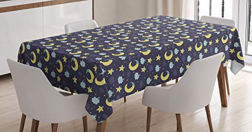 Ambesonne Saying Tablecloth, Sleeping Moons Clouds Stars with Hats Night Composition, Rectangular Table Cover for Dining Room Kitchen Decor, 60" X 90", Blue Yellow