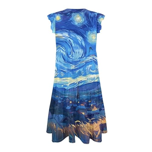 Image of Women's Casual Ruffle Sleeve Dress V Neck Pullover Dress Flowy A-Line Pleated Lightweight Dress with Pockets