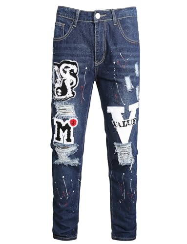 Men's Letter Embroidery Ripped Straight Slim Moto Biker Casual Straight Denim Jean
