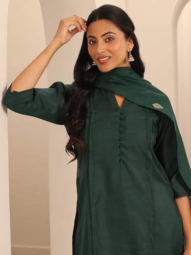 Image of Libas Womens Woven Design Cotton Blend Straight Kurta With Trousers and Dupatta | daily wear suit