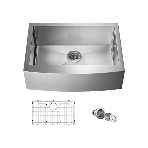 KIBI 30 Inch Handcrafted Farmhouse Apron Single Bowl Real 16 gauge Stainless Steel Kitchen Sink with Strainer and Grid K1-SF30