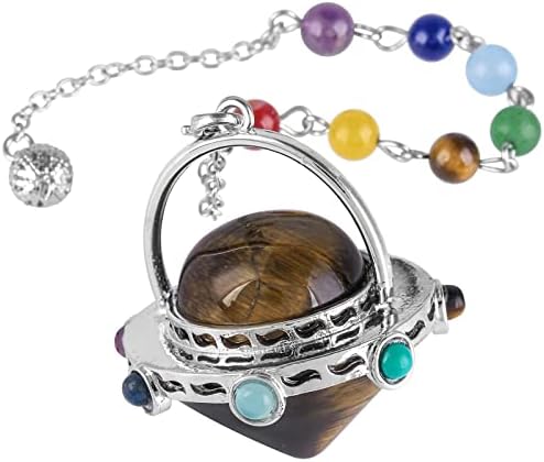 Nupuyai 7 Chakra Tiger's Eye Crystal Quartz Point Pendulum for Divination Dowsing Scrying, Energy Healing Stone Pendulum with Beads Chain