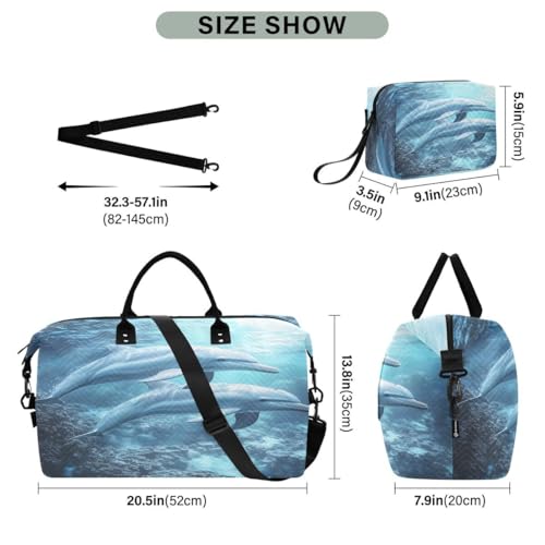 Dolphin Ocean Blue Travel Duffle Bag Gym Bag Weekender Bags with Toiletry Bag Travel Trip Tote Bag3