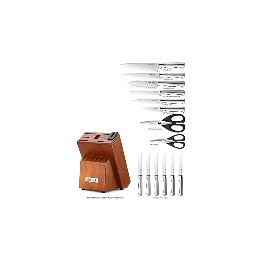 MC29 15 Pieces German Stainless Steel Knife Block Sets with Built-in Sharpener + McCook MC60 Stainless Steel Cooking Utensils Sets