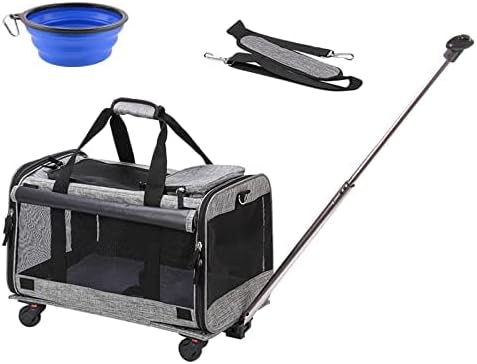 Transportador para gatos, transportador de perros con ruedas, transportador de mascotas para mascotas con asa telescópica, fácil de plegar, gris