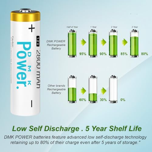 DMK POWER Rechargeable High Capacity Batteries 1.2V NiMH Low Self Discharge (AA White 2800MAH (8 Pieces))