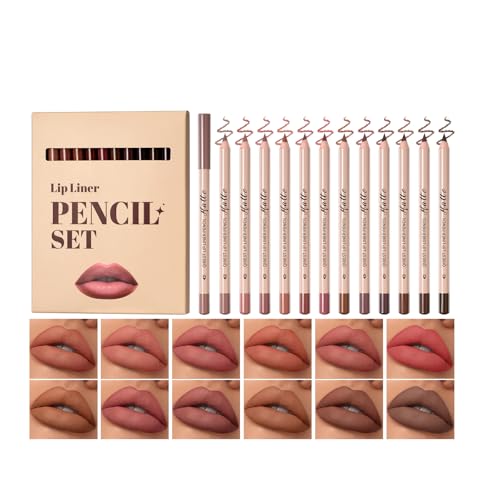 Set di 12 matite per contorno labbra in velluto opaco, per rossetto, colore morbido, cremoso, durevole, altamente pigmentato, naturale