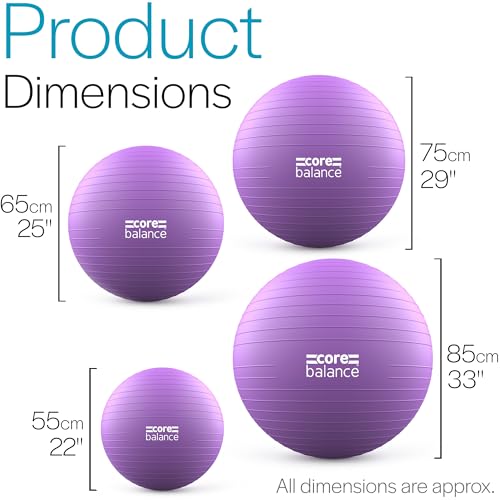 Image of Core Balance Exercise Ball, Stability Ball for Yoga, Pilates and Fitness, Gym Ball for Home Gym and Office Chair, Training, Physical Therapy, Anti Burst, Pump Included, 55cm 65cm 75cm 85cm