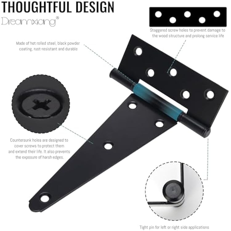 8 Inch T-Strap Gate Hinges, Heavy Duty Shed Barn Door Hinges, Black Tee Hinges for Wooden Fence, Yard Gate, Wrought Hardware Iron Rustproof (6 Pack)