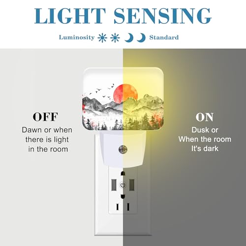 Image of Mountains and Red Sun Night Light Ink Painting Nightlight Plug into Wall with Dusk to Dawn Sensor for Kid Girls Boys Women Men Room, Hallway, Kitchen, Bathroom, Stairs Decor