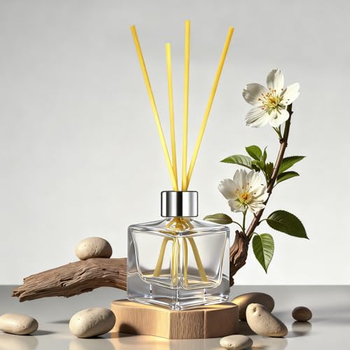 Feel Fragrance Glass Diffuser Bottles with Silver Caps Refillable Diffuser Bottles Set of 4-2.5" High, 50ml 1.7 fl oz. Small Square Shape, Diffuser Jars for Home Fragrance