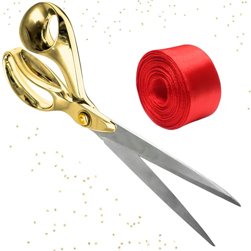 Ribbon Cutting Ceremony Kit - Gold 11 Inch Grand Opening Scissors and Red Satin Ribbon for Special Events Business Openings and Inaugurations