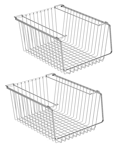 blitzlabs Wire Storage Baskets Stackable Organizer Basket Bins Stacking Household Wire Baskets with Handles Storage Organization for Kitchen, Pantry, Bathroom, Cabinets, Closets, Bedrooms, Set of 2