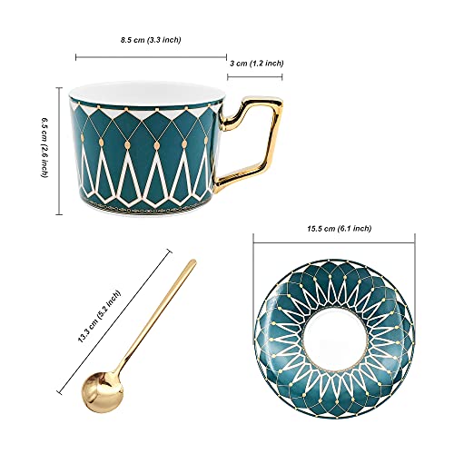 Tea Coffee Cups - 7.4Oz Bone China Ceramic, Beautiful Matte Glazed Tea Cup With Saucer And Spoon - Green #TOP2