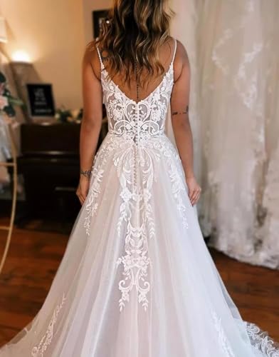 Lace Wedding Dresses for Bride Spaghetti Straps Bridal Gown V Neck Wedding Party Dress with Slit2