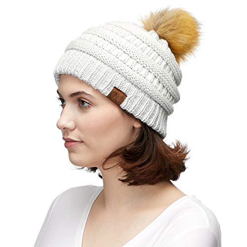 Image of CC Fur Pom Winter Fall Chunky Stretchy Cable Knit Beanie Hat