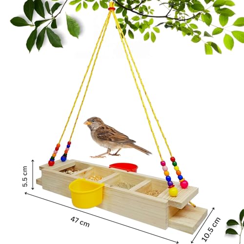 Image of Boltz Wooden Hanging Bird Feeder with Water Bowl - Dual-Function Seed & Water Tray, Eco-Friendly Rustic Design for Balcony, Garden & Outdoor Birdwatching (Multicolor, Feeder)