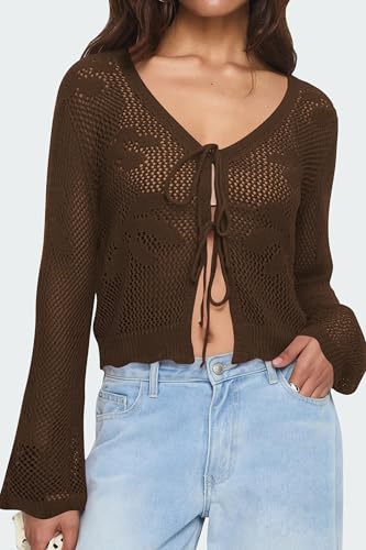 Image of Balimtoy Women Tie Front Cardigan Crochet Sweater Crop Tops Cute Bell Long Sleeve Knit Shrug Beach Vacation Cover Up