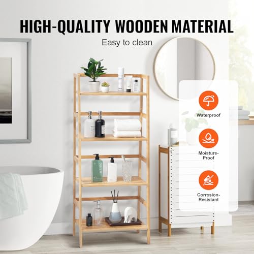 VEVOR 4-Tier Bamboo Ladder Shelf, Trapezoid Open Bookcase, Display Storage Rack Organizer, Freestanding Flower Plant Stand, Ladder Bookshelf Ideal for Bathroom, Bedroom, Office, Study, Natural by VEVOR - Image 5