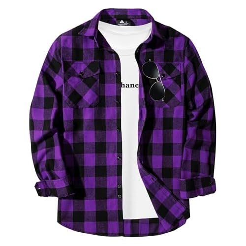 ZITY Men Plaid Flannel Shirts Long Sleeve Casual Button Down Collar Jackets for Men with Pockets One Purple X-Large