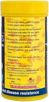 JSquare Red Fin Micro Bits Fish Food for Aquarium| 0.5mm - Slow Sinking Crumbles|Enhances Natural Color & Immunity for tetras, Guppies, barbs, bettas & Tropical Fishes | 100g, all life stages