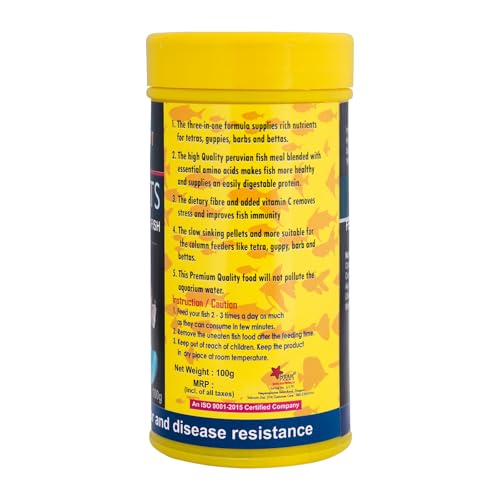 JSquare Red Fin Micro Bits Fish Food for Aquarium| 0.5mm - Slow Sinking Crumbles|Enhances Natural Color & Immunity for tetras, Guppies, barbs, bettas & Tropical Fishes | 100g, all life stages