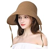 Jeff & Aimy UPF 50+ Sonnenhut Strohhut Damen Sommerhut Faltbarer Strandhut mit Kinnband Kaffeebraun