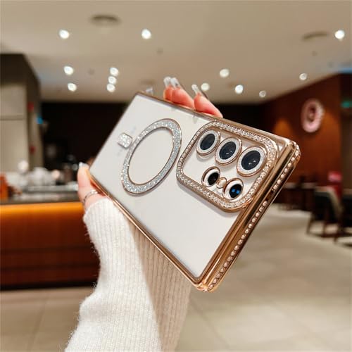 Coque pour S24 Ultra magnétique paillettes or protection strass chargement sans fil