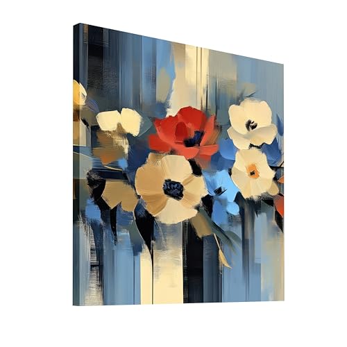 Image of Abstract Floral Stretched Canvas Wall Art Painting for Living Room | Modern Blue & White Flower Artwork Painting | Contemporary Decorative Wall Decor for Home & Office, 22x22 Inch