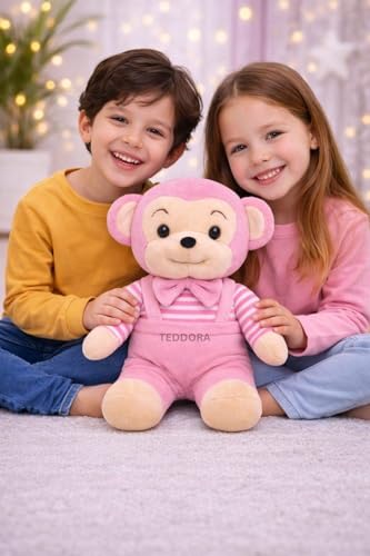 Image of Bow Monkey Soft Toy for Girls Boys Kids, Pink, Animal Stuffed Baby Teddy Gift Birthday, 25 cm