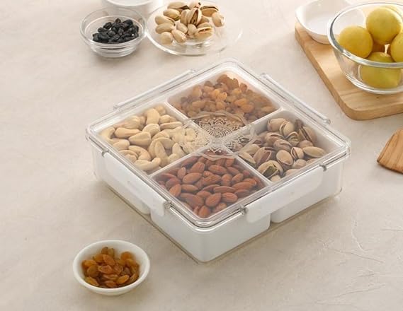 SHOPPIE-Dry Fruit Box for Gift, Decorate Your Dining Table on This Diwali with dryfruit Storage Container airtight, Masala Box for Kitchen, 4 Compartment Lunch Box (white)