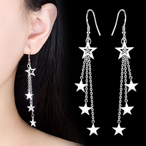 Asymmetrical Star Moon Tassel Drop Dangle Earrings For Women Teen Girls Dainty Long Lucky Star Crescent Planet Chain Tassel Earrings (Silver) #TOP1