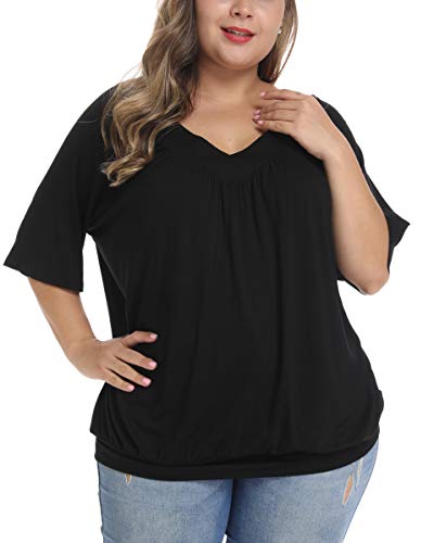 andy & natalie Women's Plus Size Tops Pleated V Neck Loose Baggy Blouse T Shirts3