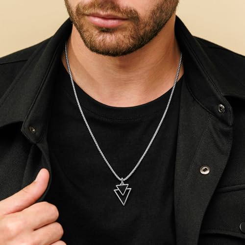 Galis Mens Necklace - Premium Stainless Steel Silver Chain Necklace for Men, Non Tarnish, Chains For Men, Triangle, Cross, Black Enamel, Compass Pendant, Stylish Jewelry - Gifts for Him 24"2