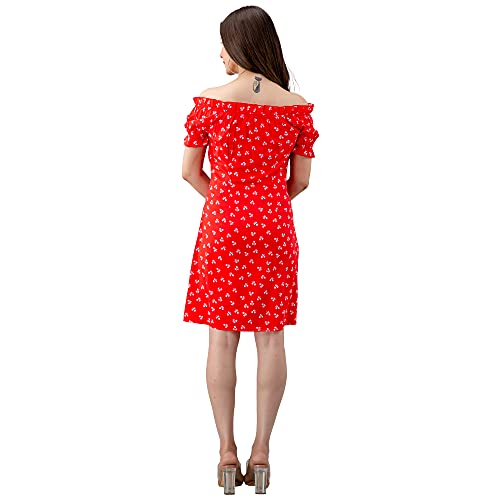 Image of Women Floral Print RED Color Off Shoulder Dress
