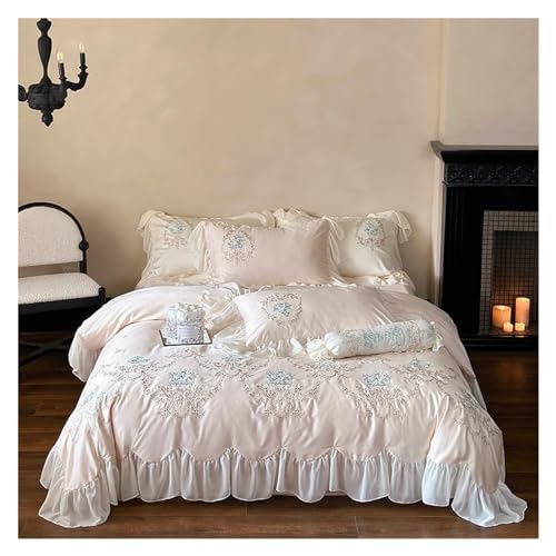 Drap de lit coton 1000TC anti-plis avec broderie dentelle rose romantique