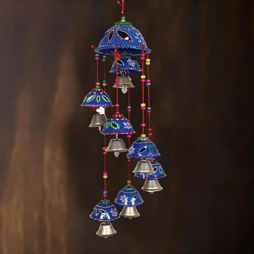 Image of Bindian Rajasthani Handcrafted 8-Bell Hanging Windchimes | Traditional Plastic Latkan for Home Decor, Vastu & Positive Energy | Elegant Wall Hanging for Balcony, Living Room (Blue-2)