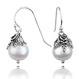 Paz Creations Sterling Silver Dangle Pearl Earrings with Floral Caps - Real Freshwater Ball-Shaped White Pearls - Elegant Drop Earrings Set - Classic Gift for Her