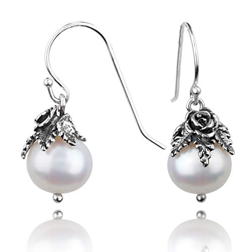 Paz Creations Sterling Silver Dangle Pearl Earrings with Floral Caps - Real Freshwater Ball-Shaped White Pearls - Elegant Drop Earrings Set - Classic Gift for Her